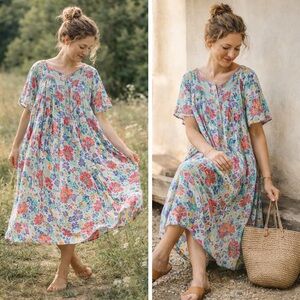 Go Softly Patio Floral Midi Dress Boho Cottagecore Multicolor Rayon Size L India